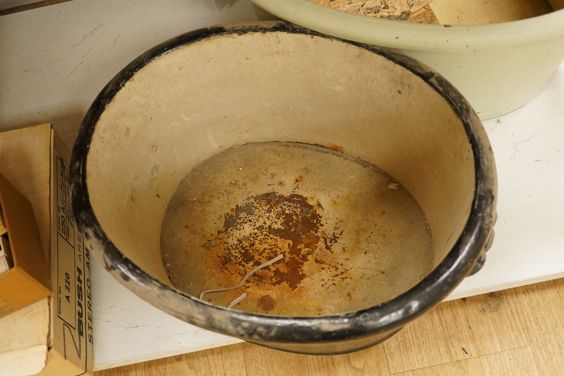 Two oval toleware two handled foot baths, largest 54.5cm wide. Condition - poor to fair